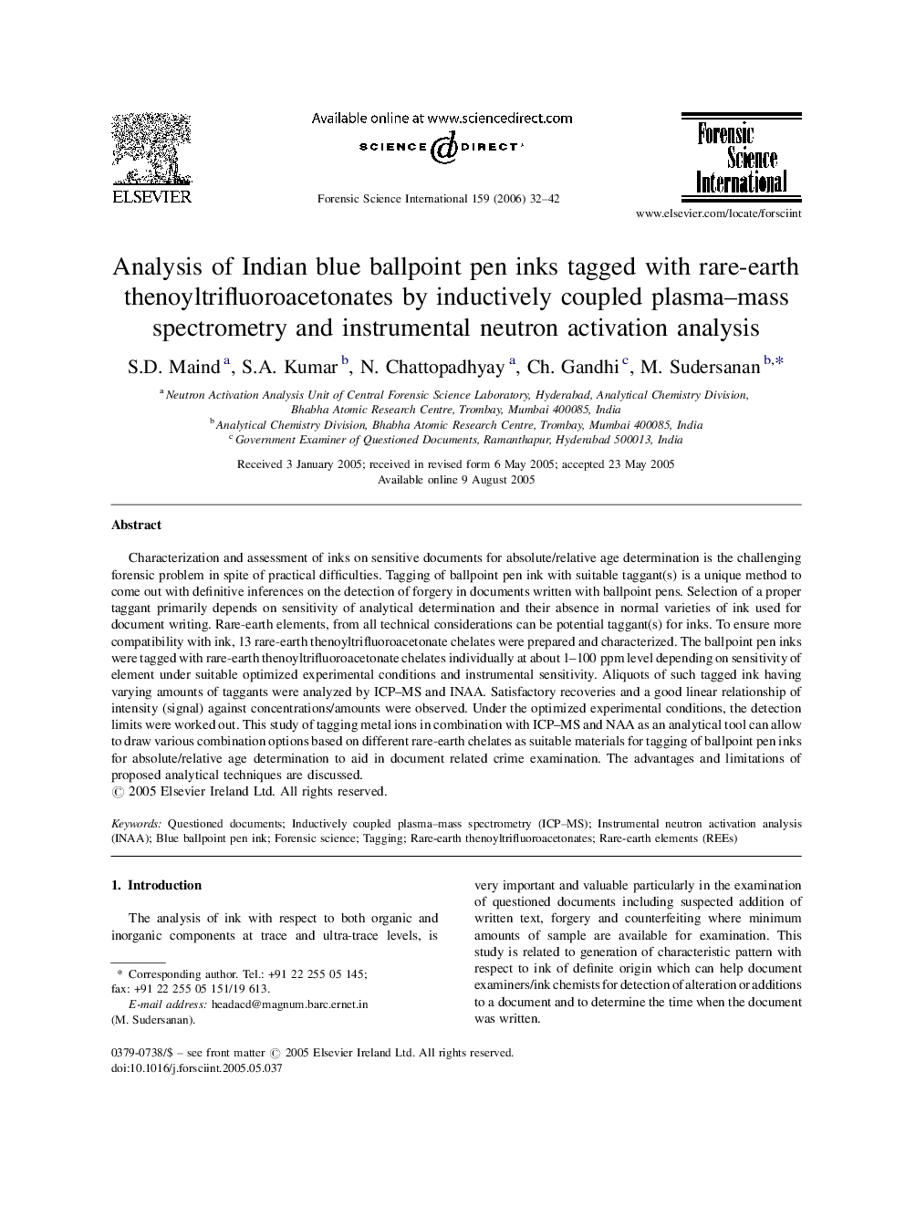 Analysis of Indian blue ballpoint pen inks tagged with rare-earth thenoyltrifluoroacetonates by inductively coupled plasma–mass spectrometry and instrumental neutron activation analysis