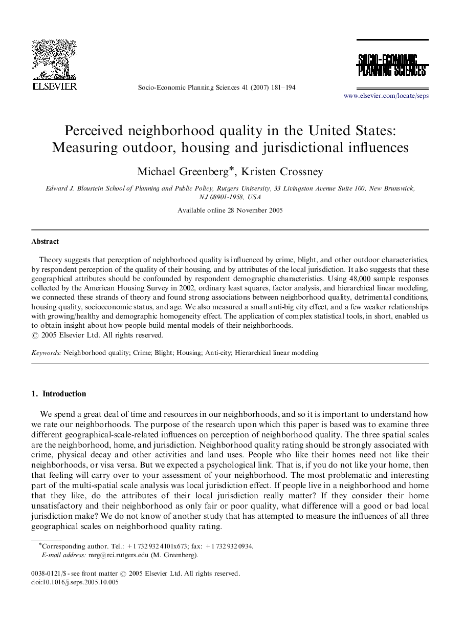 Perceived neighborhood quality in the United States: Measuring outdoor, housing and jurisdictional influences