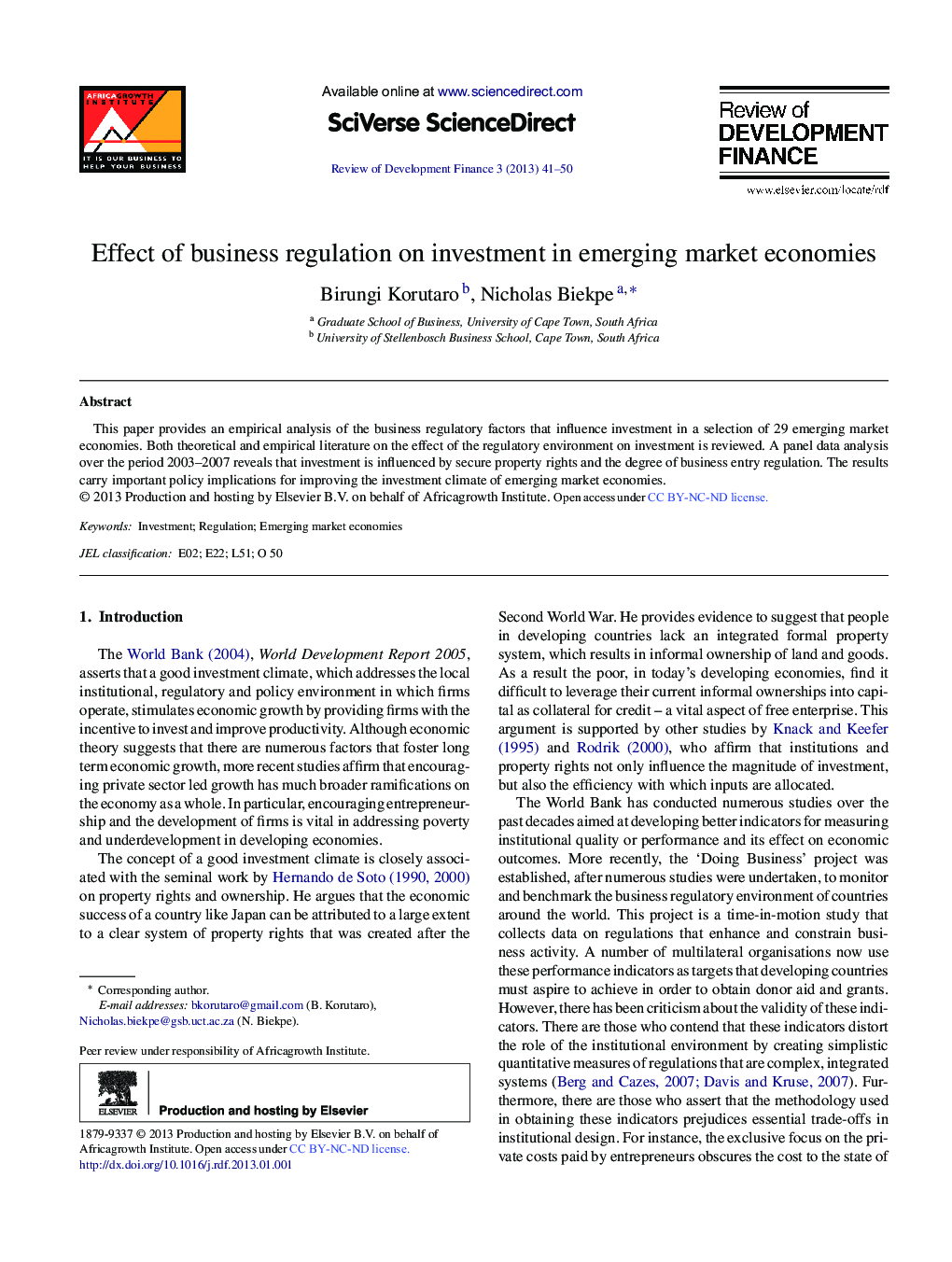 Effect of business regulation on investment in emerging market economies 