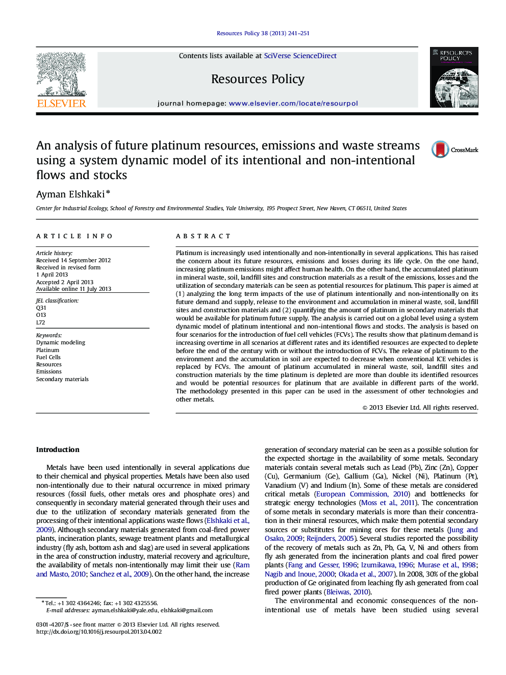 An analysis of future platinum resources, emissions and waste streams using a system dynamic model of its intentional and non-intentional flows and stocks