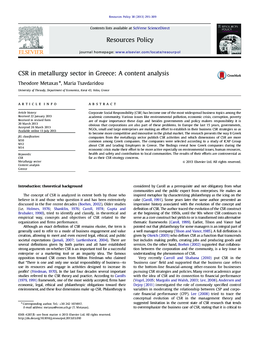 CSR in metallurgy sector in Greece: A content analysis