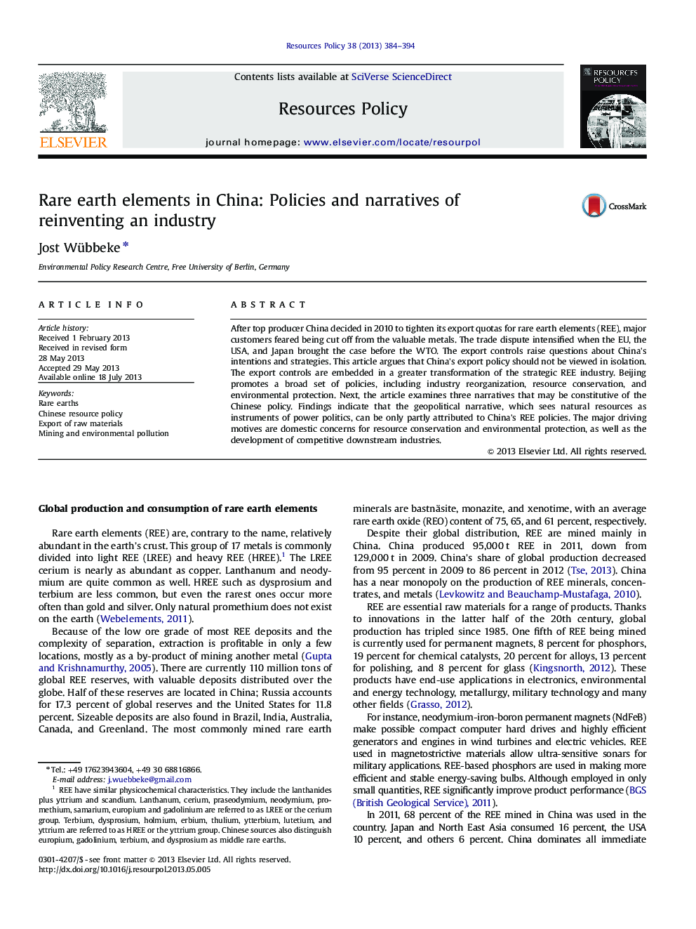 Rare earth elements in China: Policies and narratives of reinventing an industry