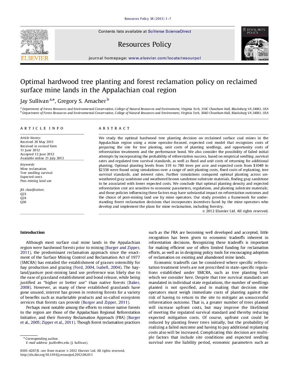 Optimal hardwood tree planting and forest reclamation policy on reclaimed surface mine lands in the Appalachian coal region