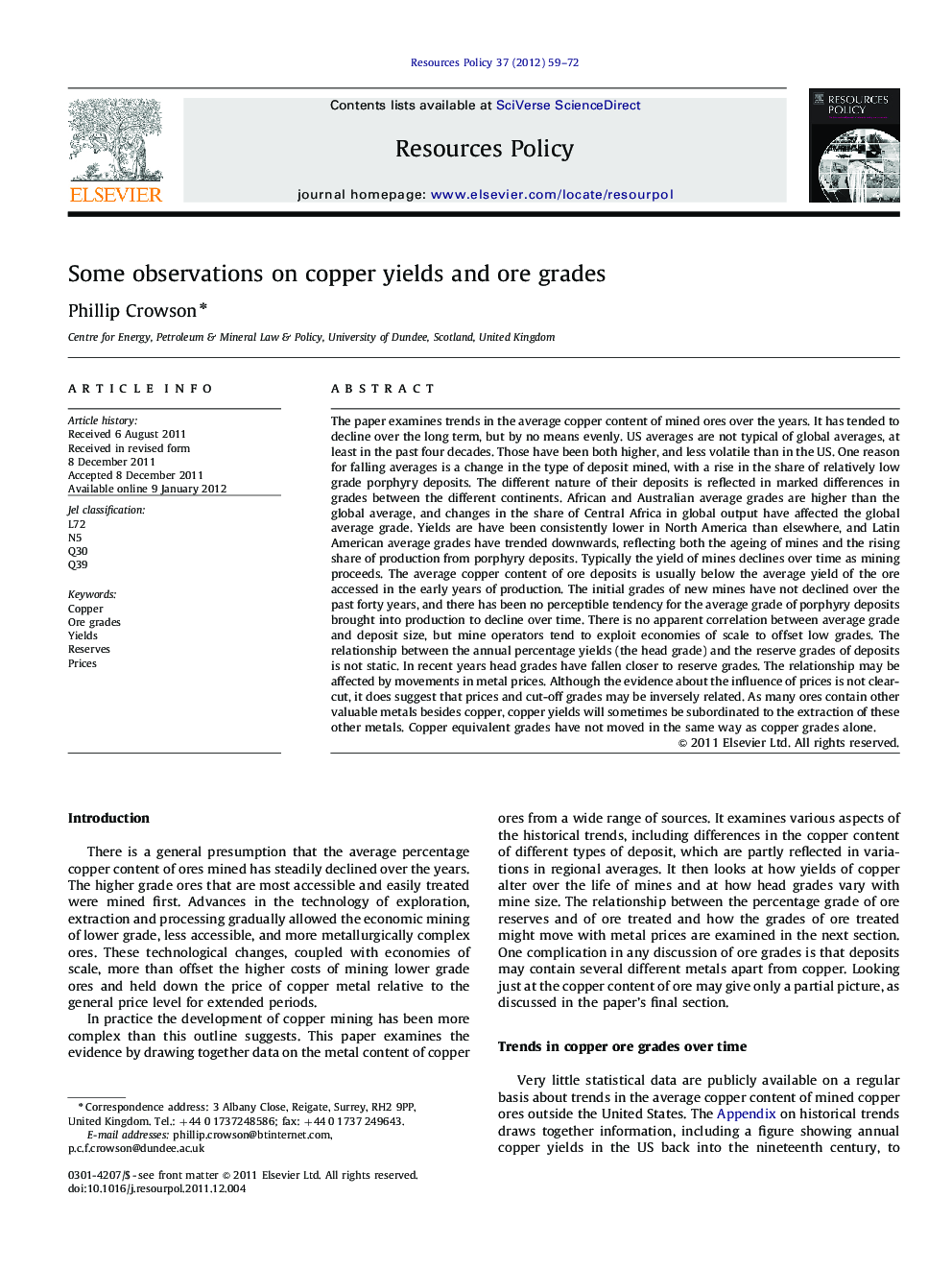 Some observations on copper yields and ore grades