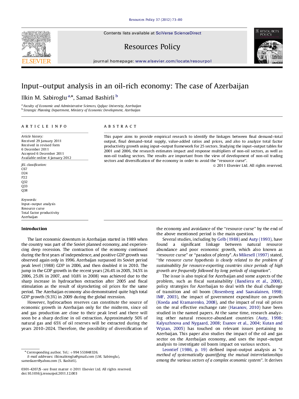 Input–output analysis in an oil-rich economy: The case of Azerbaijan