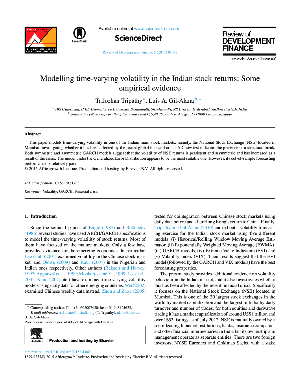 مدلسازی نوسانات متغیر با زمان در بازده سهام هند: برخی شواهد تجربی