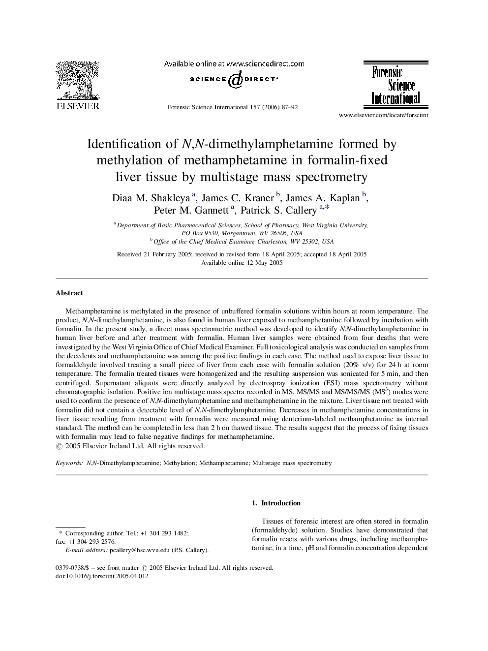 Identification of N,N-dimethylamphetamine formed by methylation of methamphetamine in formalin-fixed liver tissue by multistage mass spectrometry