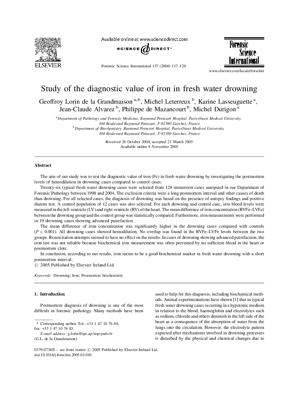 Study of the diagnostic value of iron in fresh water drowning