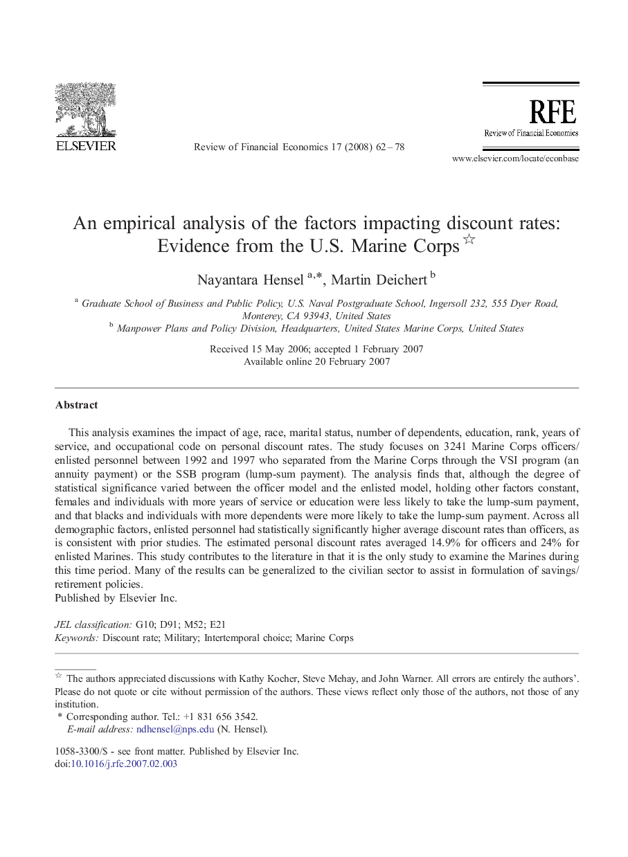 An empirical analysis of the factors impacting discount rates: Evidence from the U.S. Marine Corps