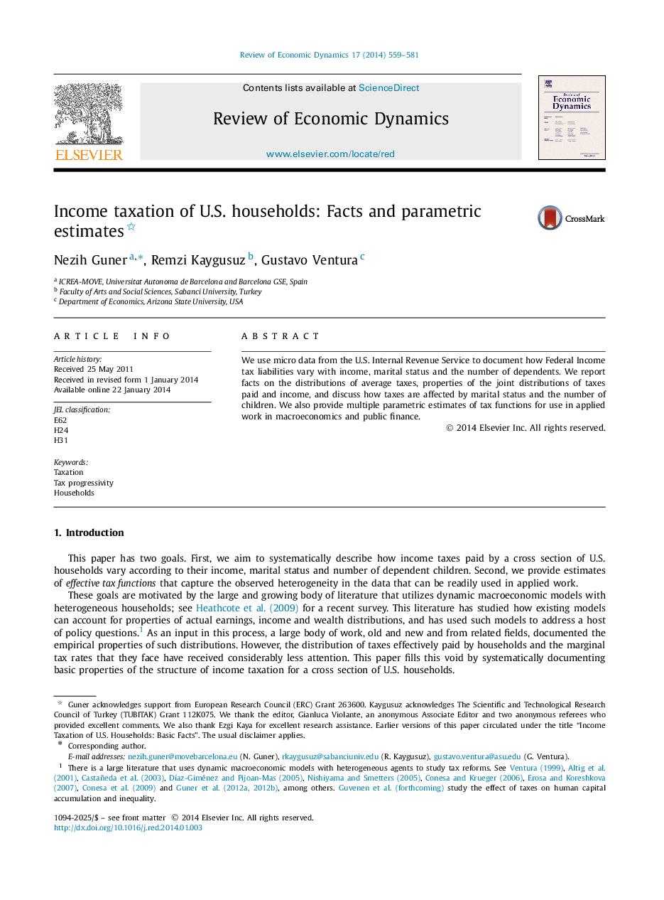 Income taxation of U.S. households: Facts and parametric estimates 