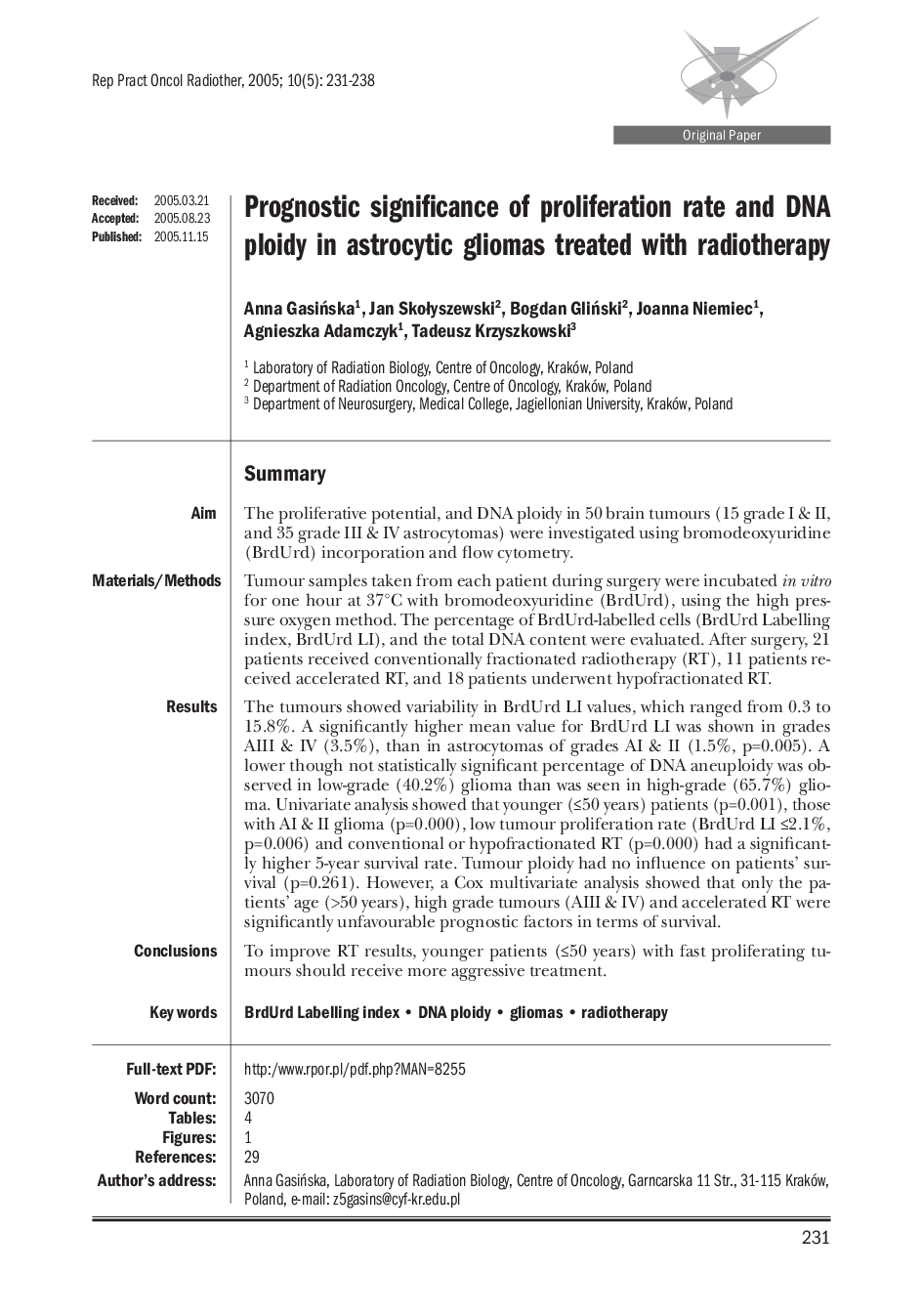 Prognostic significance of proliferation rate and DNA ploidy in astrocytic gliomas treated with radiotherapy