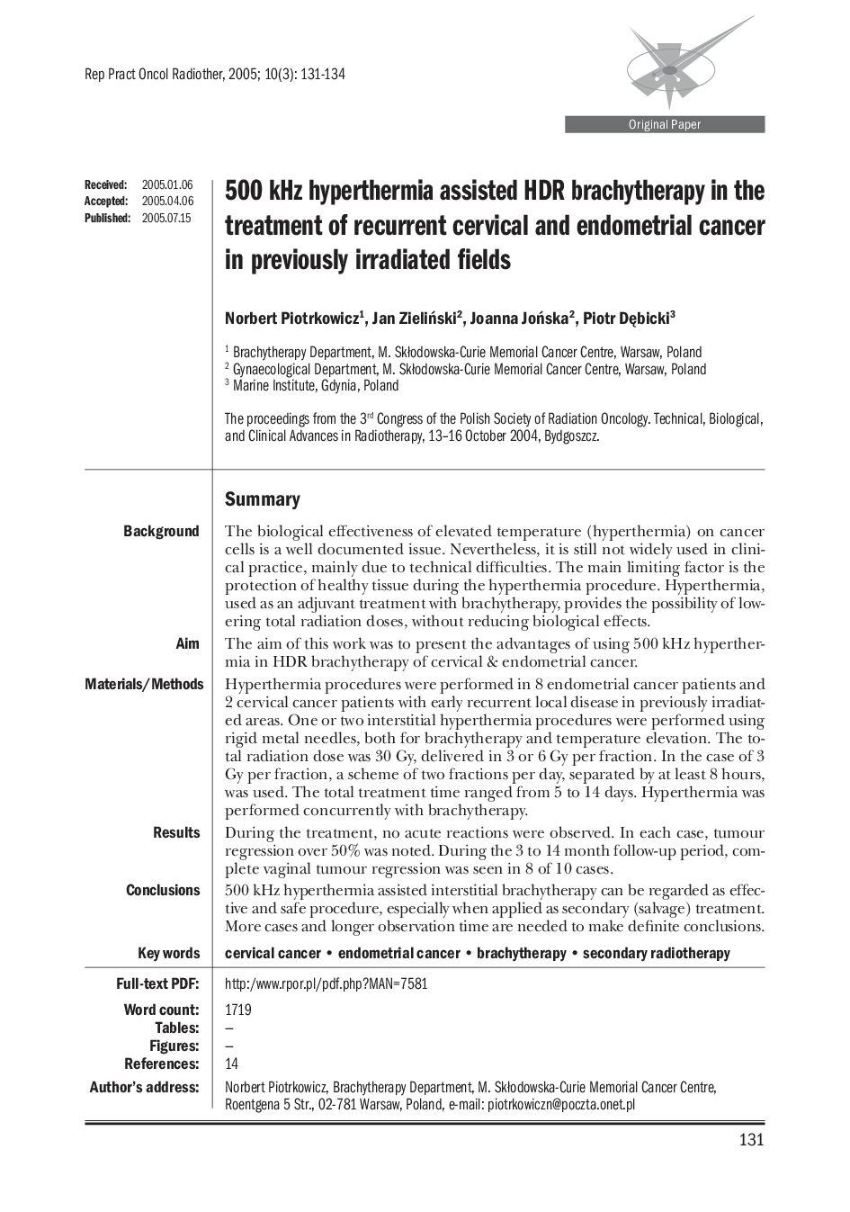 500 kHz hyperthermia assisted HDR brachytherapy in the treatment of recurrent cervical and endometrial cancer in previously irradiated fields