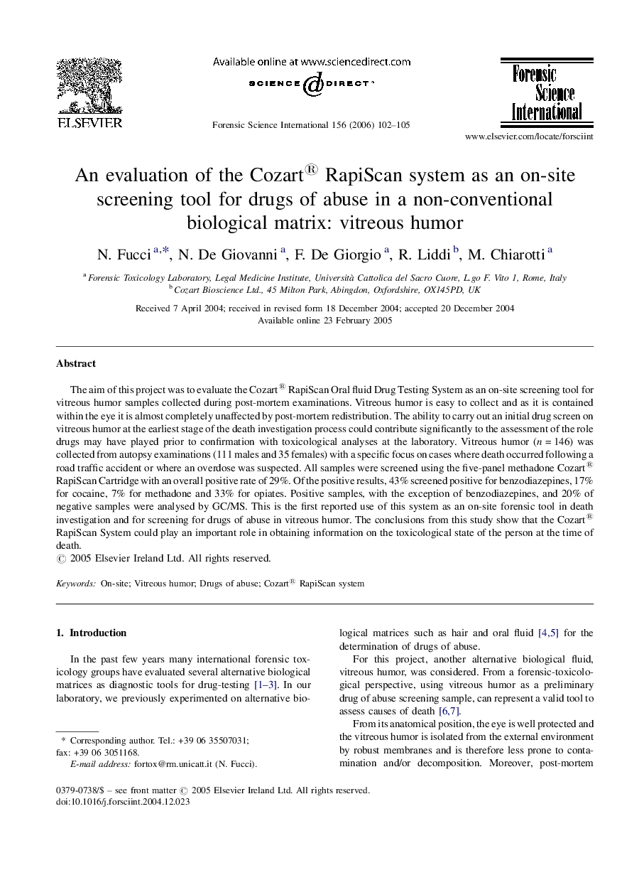 An evaluation of the Cozart® RapiScan system as an on-site screening tool for drugs of abuse in a non-conventional biological matrix: vitreous humor