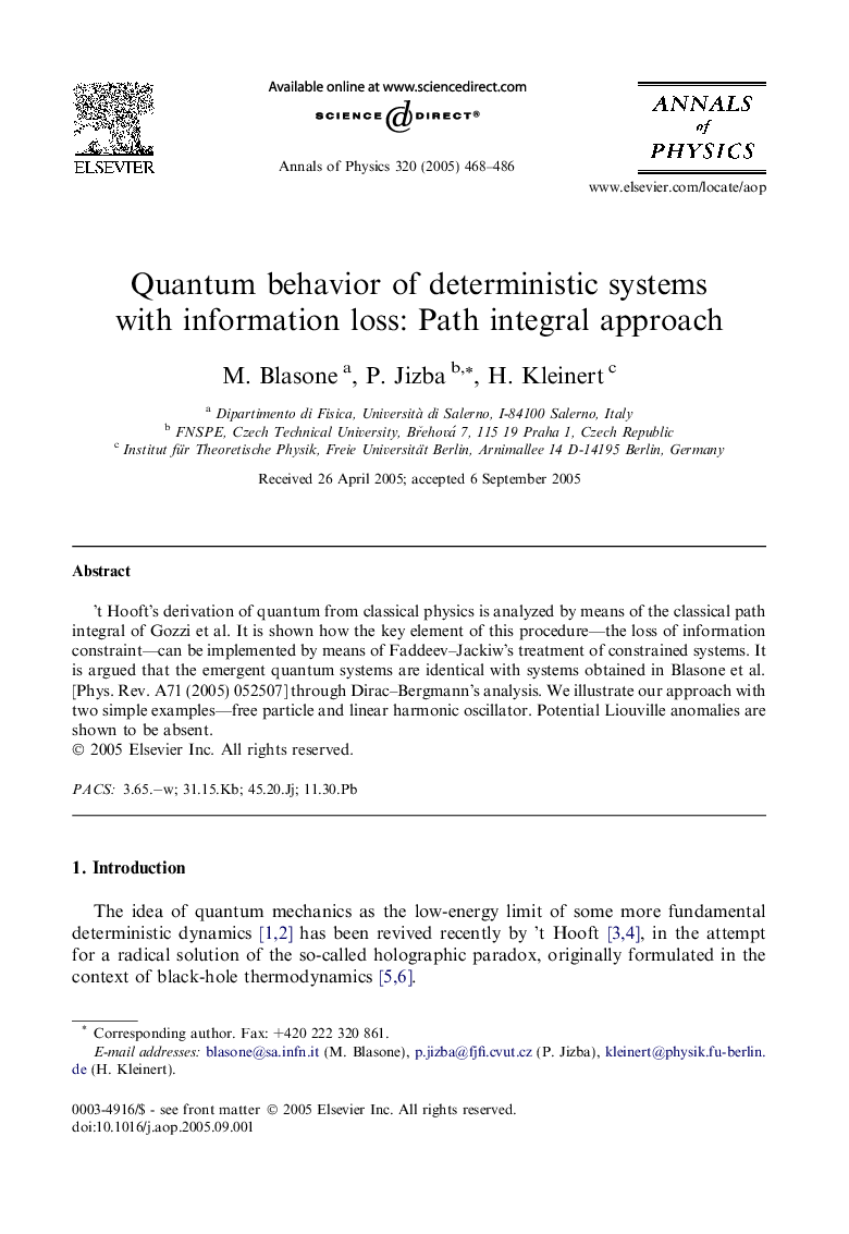 Quantum behavior of deterministic systems with information loss: Path integral approach