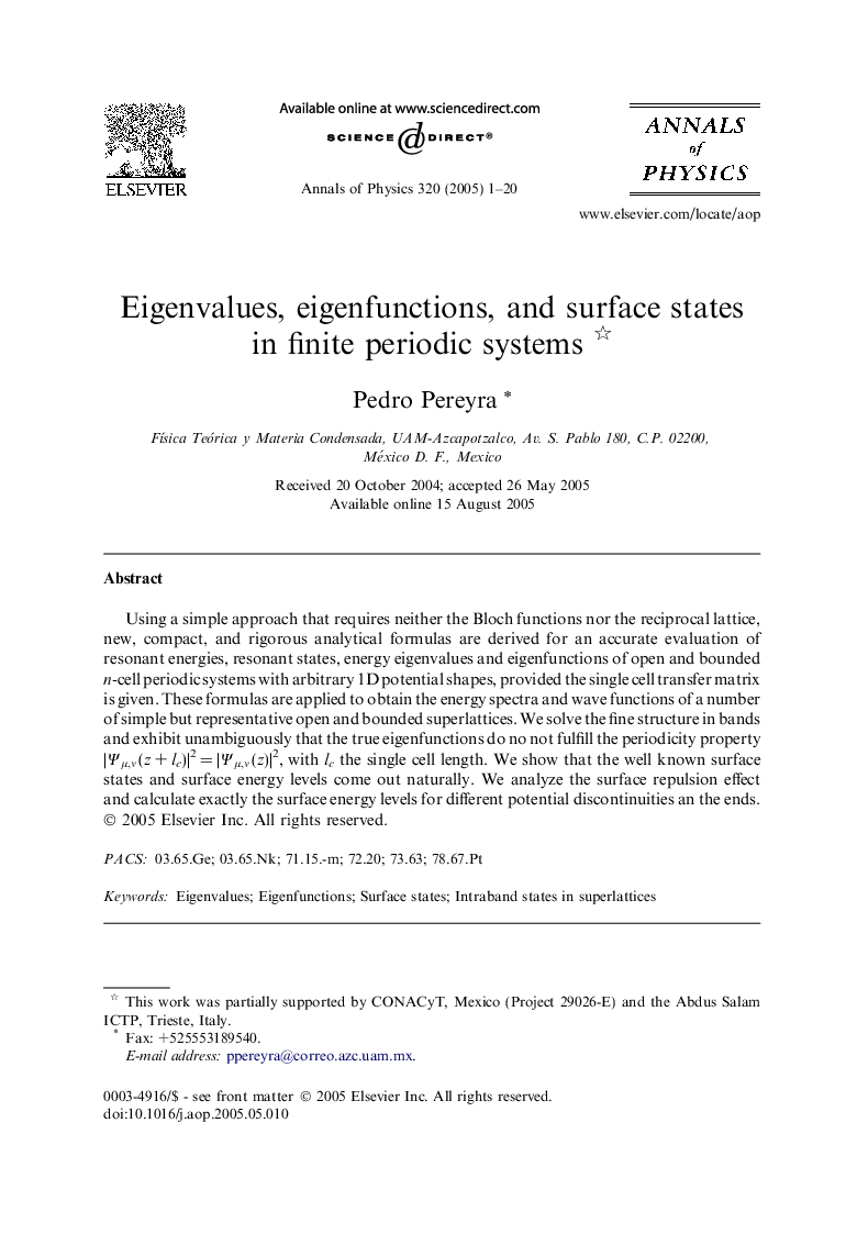 Eigenvalues, eigenfunctions, and surface states in finite periodic systems