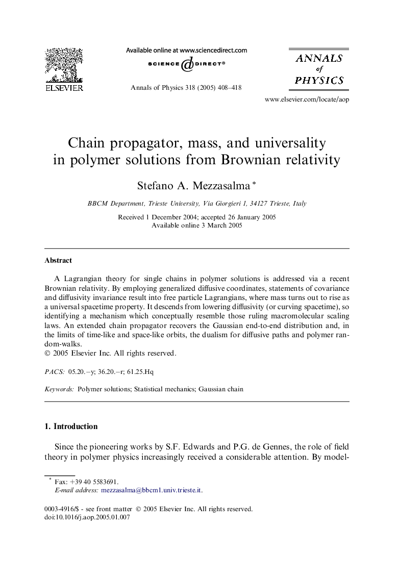 Chain propagator, mass, and universality in polymer solutions from Brownian relativity