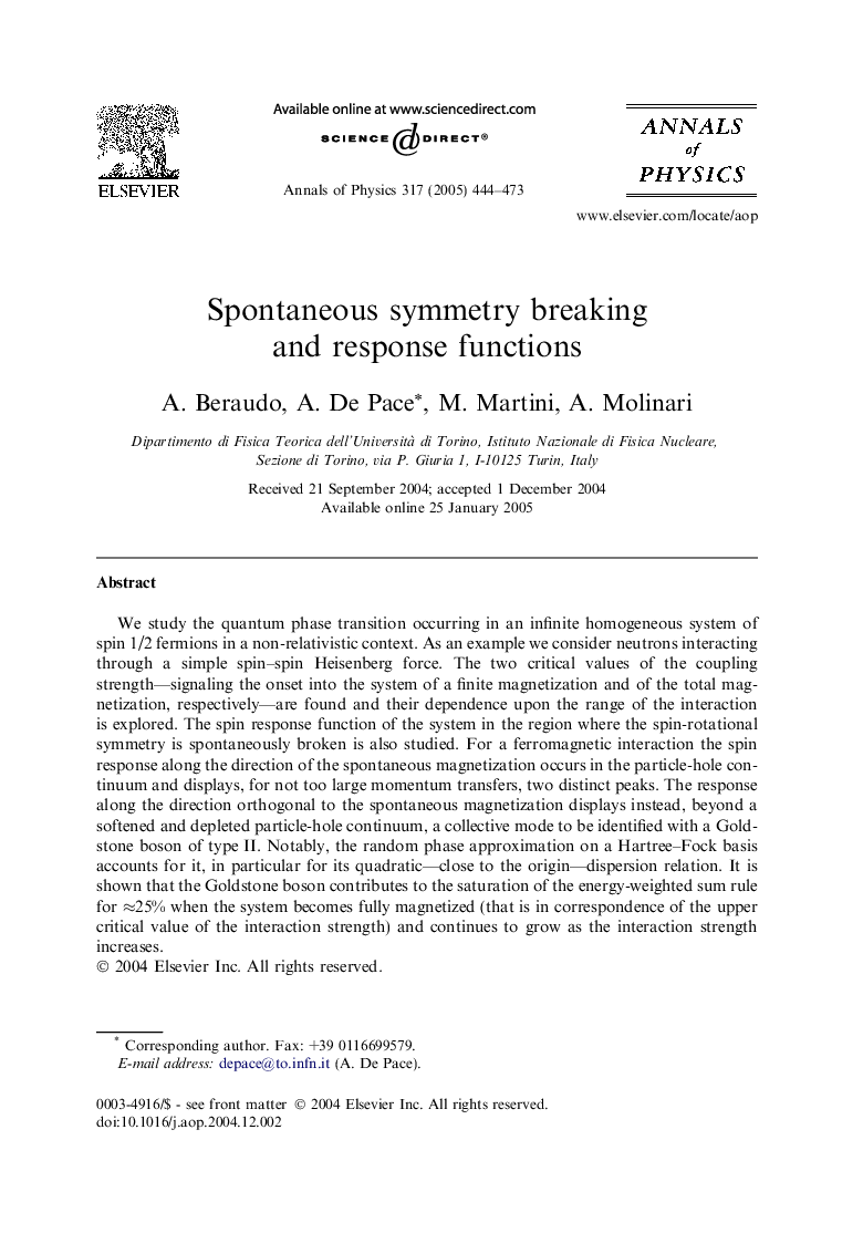 Spontaneous symmetry breaking and response functions