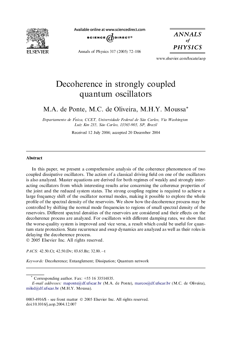 Decoherence in strongly coupled quantum oscillators