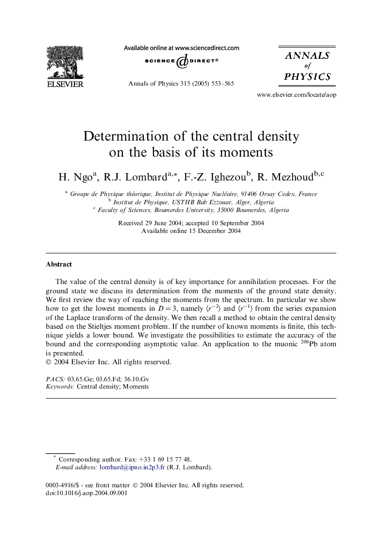 Determination of the central density on the basis of its moments