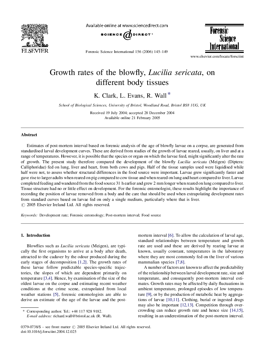 Growth rates of the blowfly, Lucilia sericata, on different body tissues