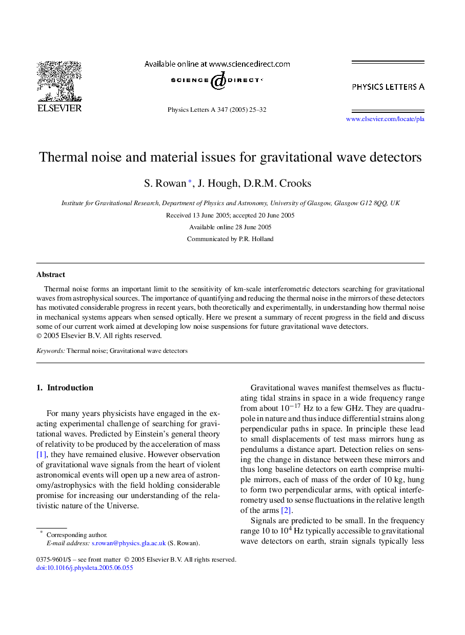 Thermal noise and material issues for gravitational wave detectors