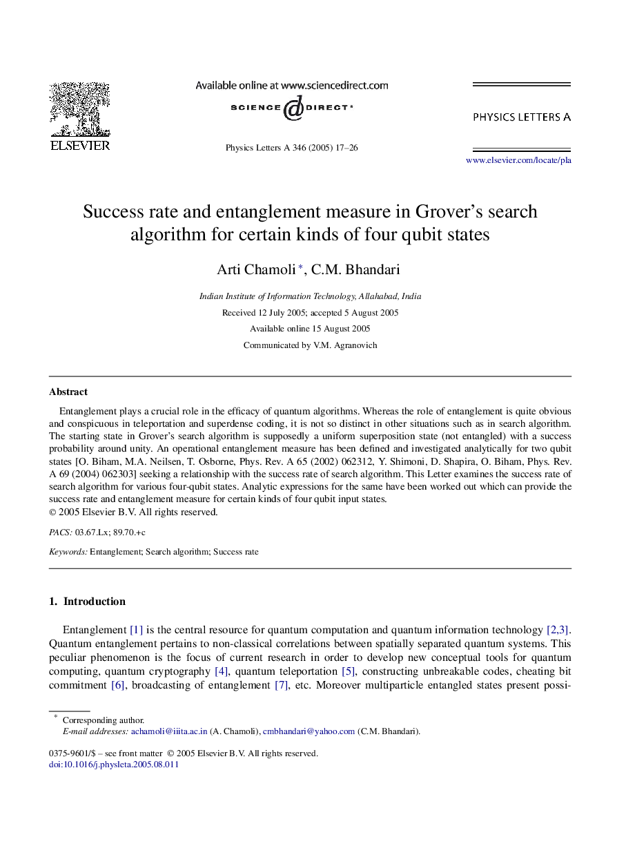 Success rate and entanglement measure in Grover's search algorithm for certain kinds of four qubit states