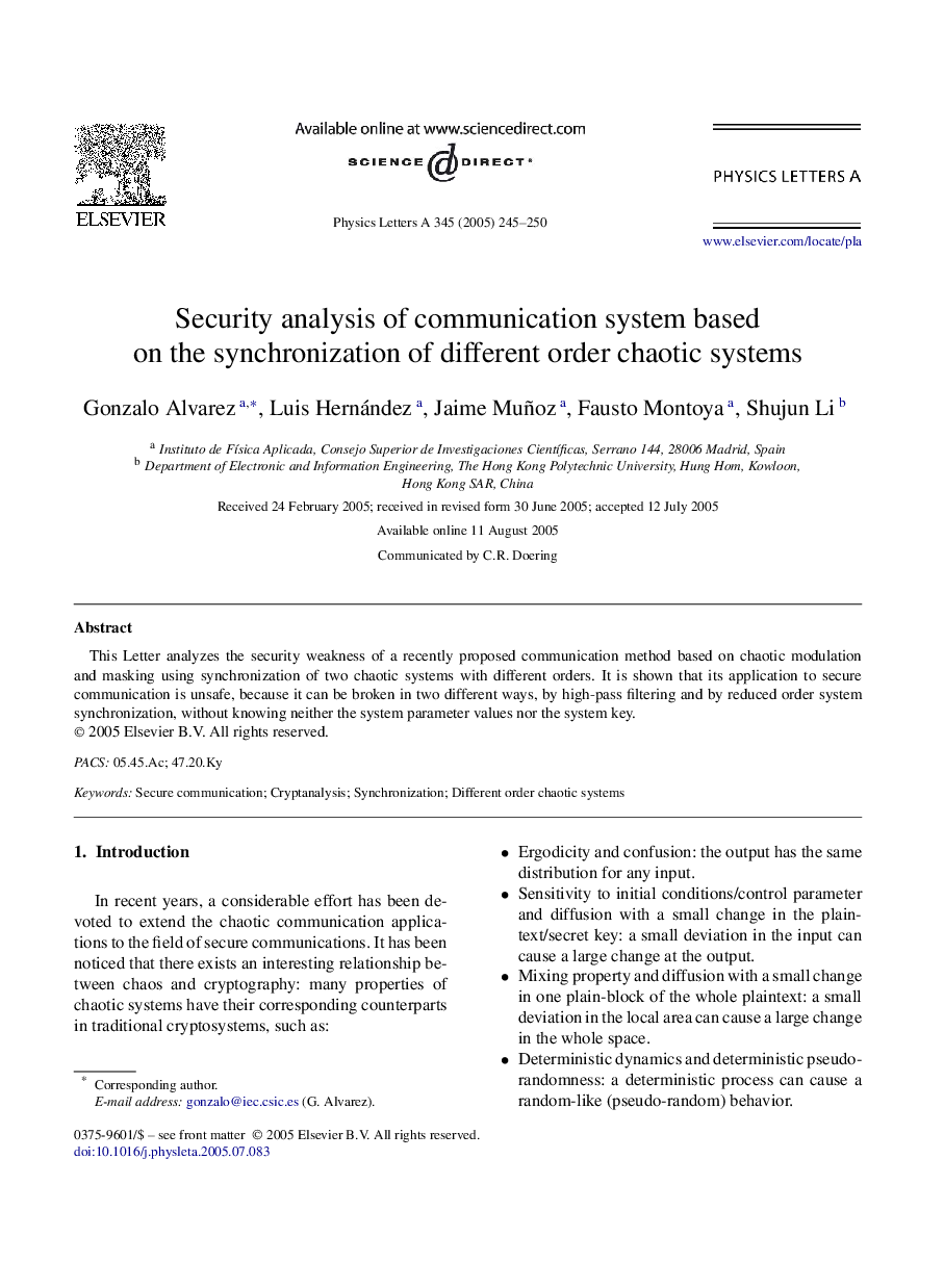 Security analysis of communication system based on the synchronization of different order chaotic systems