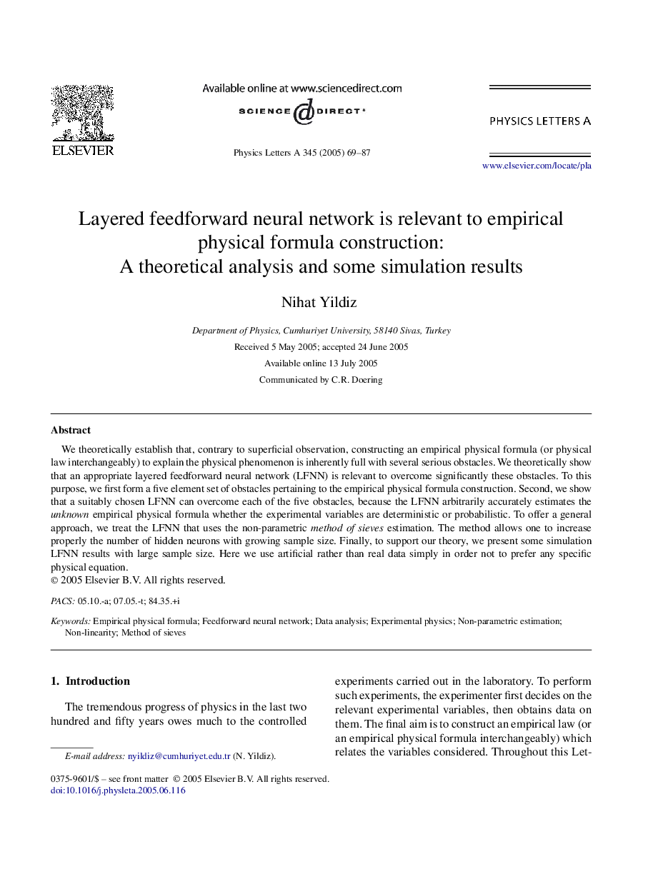 Layered feedforward neural network is relevant to empirical physical formula construction: A theoretical analysis and some simulation results