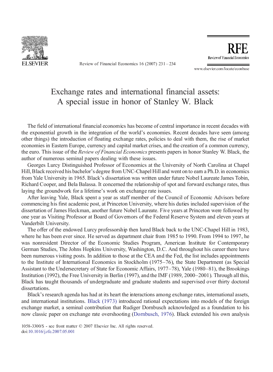 Exchange rates and international financial assets: A special issue in honor of Stanley W. Black