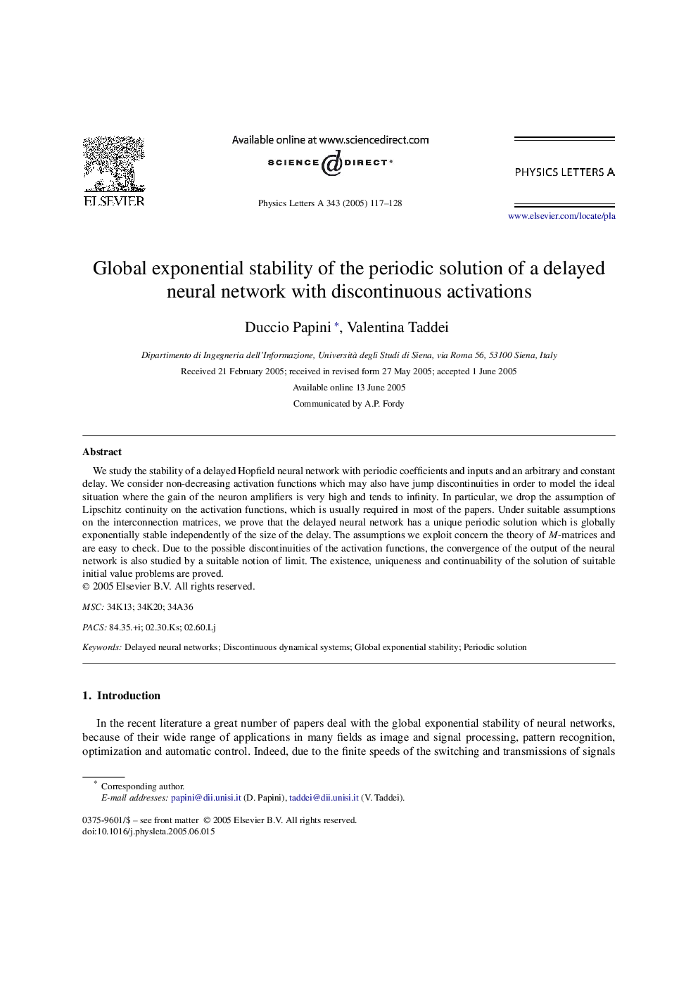 Global exponential stability of the periodic solution of a delayed neural network with discontinuous activations