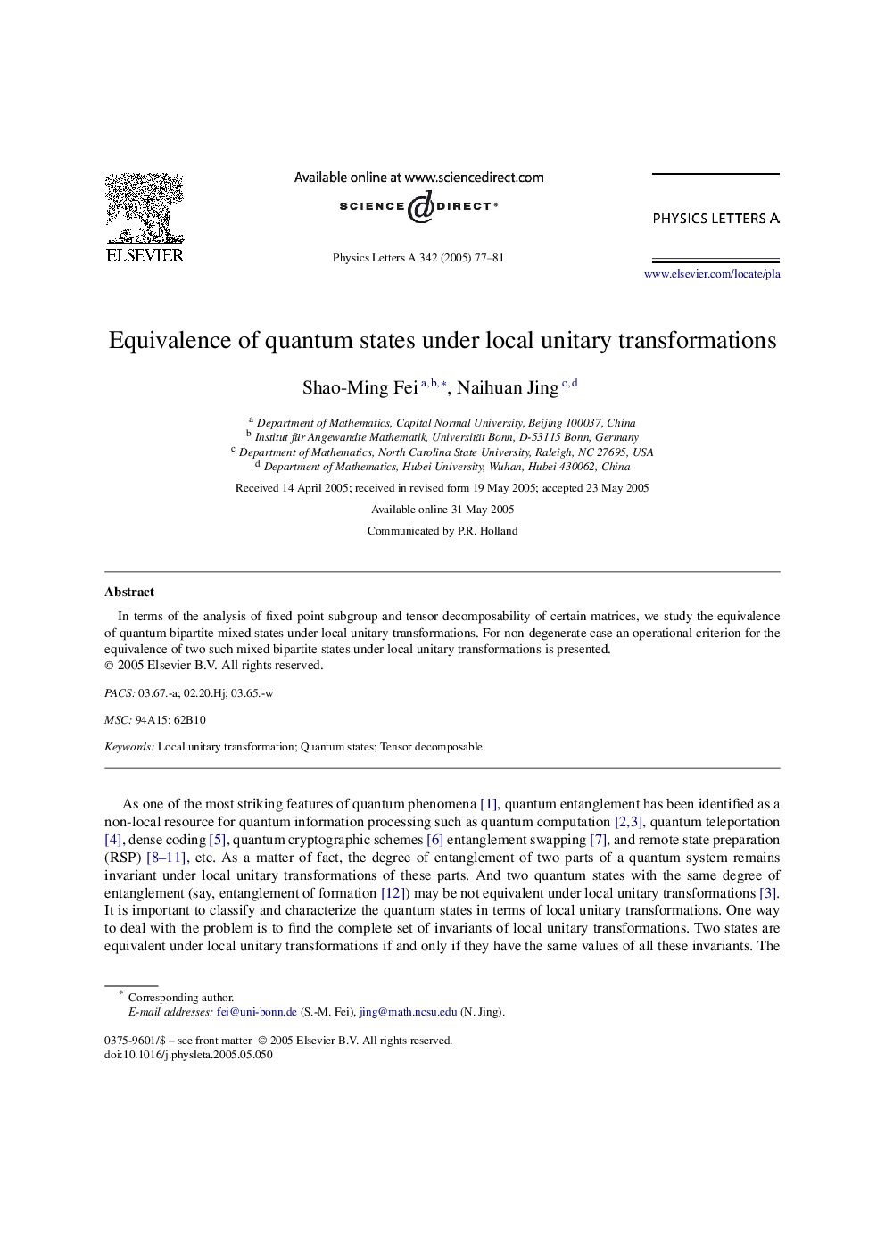 Equivalence of quantum states under local unitary transformations