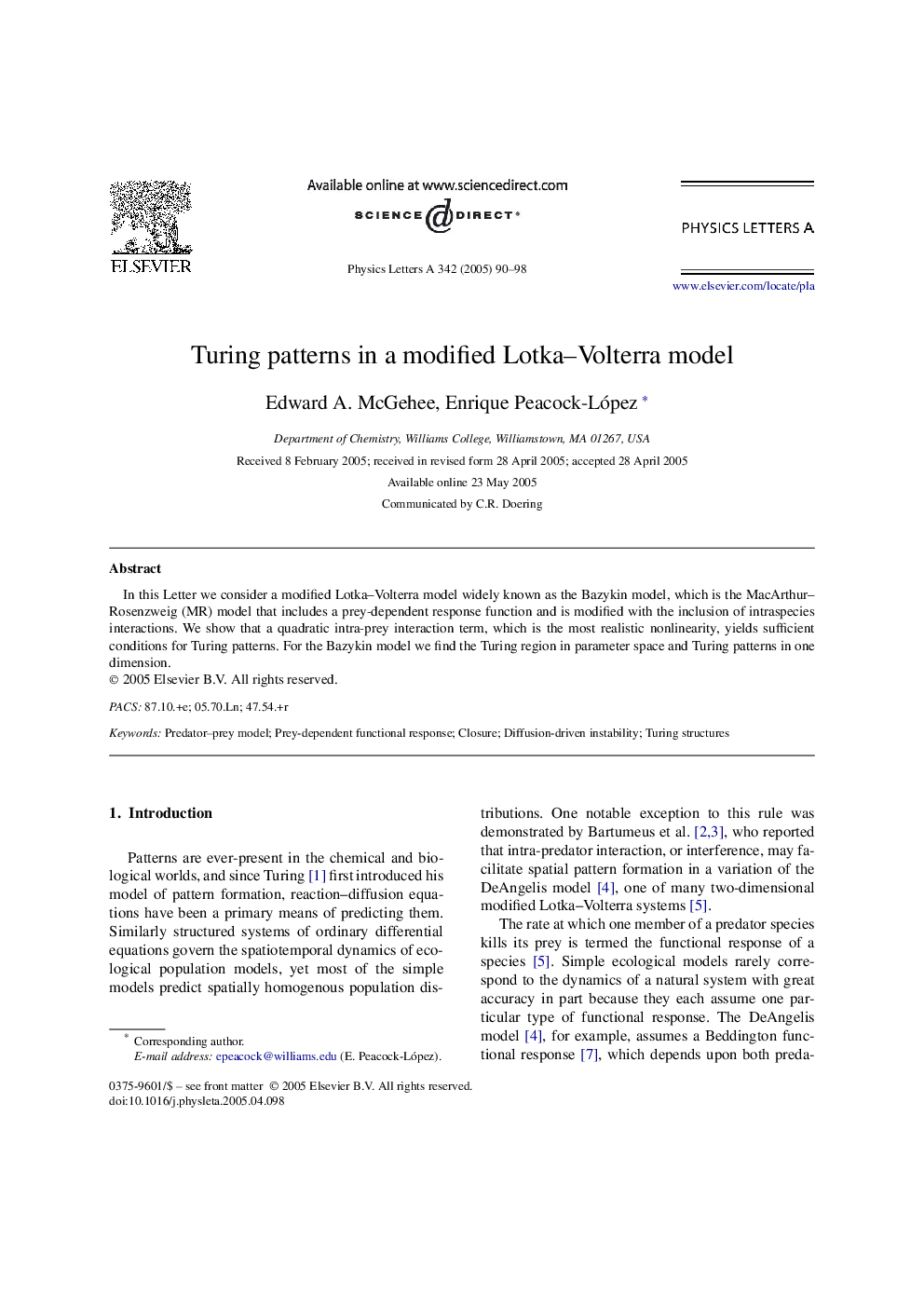 Turing patterns in a modified Lotka-Volterra model