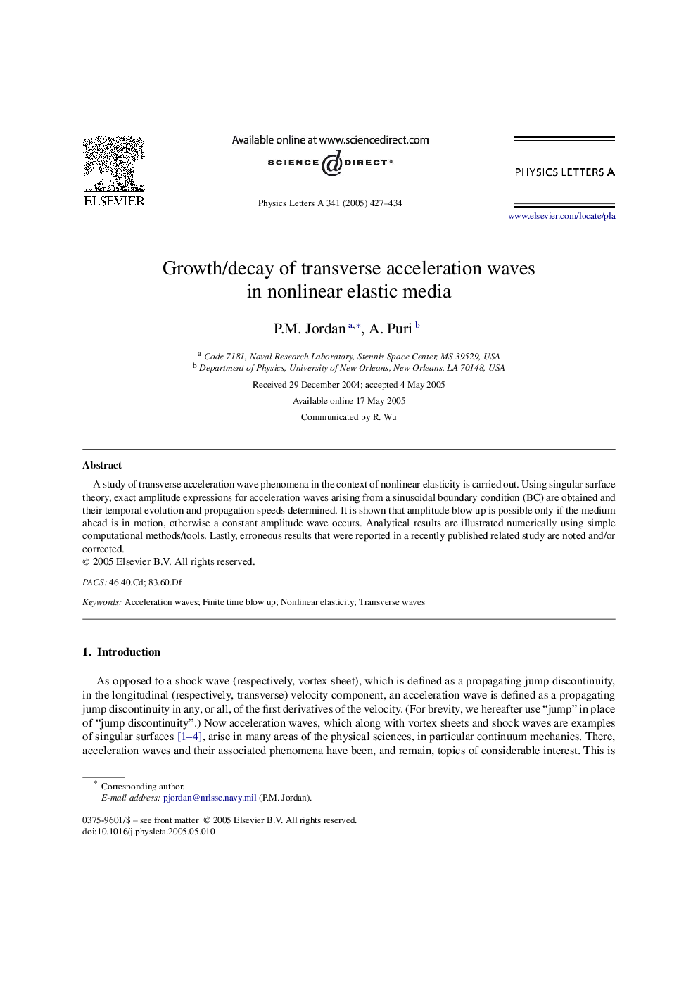 Growth/decay of transverse acceleration waves in nonlinear elastic media