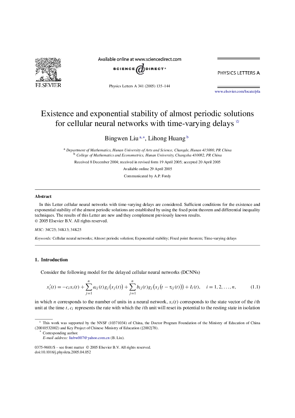 Existence and exponential stability of almost periodic solutions for cellular neural networks with time-varying delays