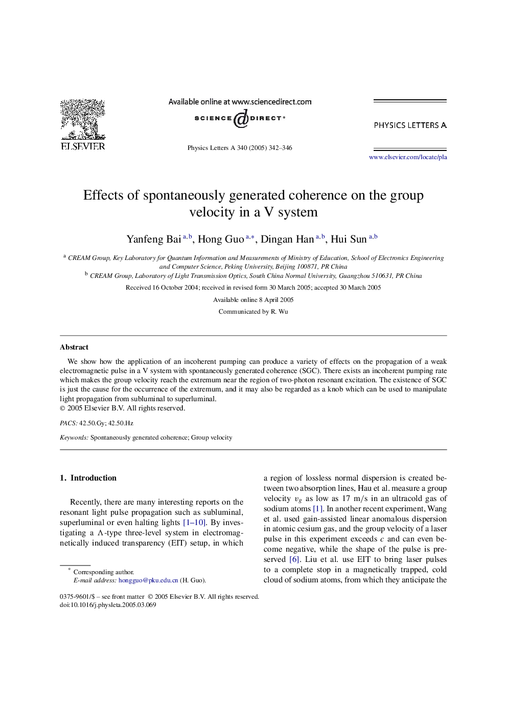 Effects of spontaneously generated coherence on the group velocity in a V system