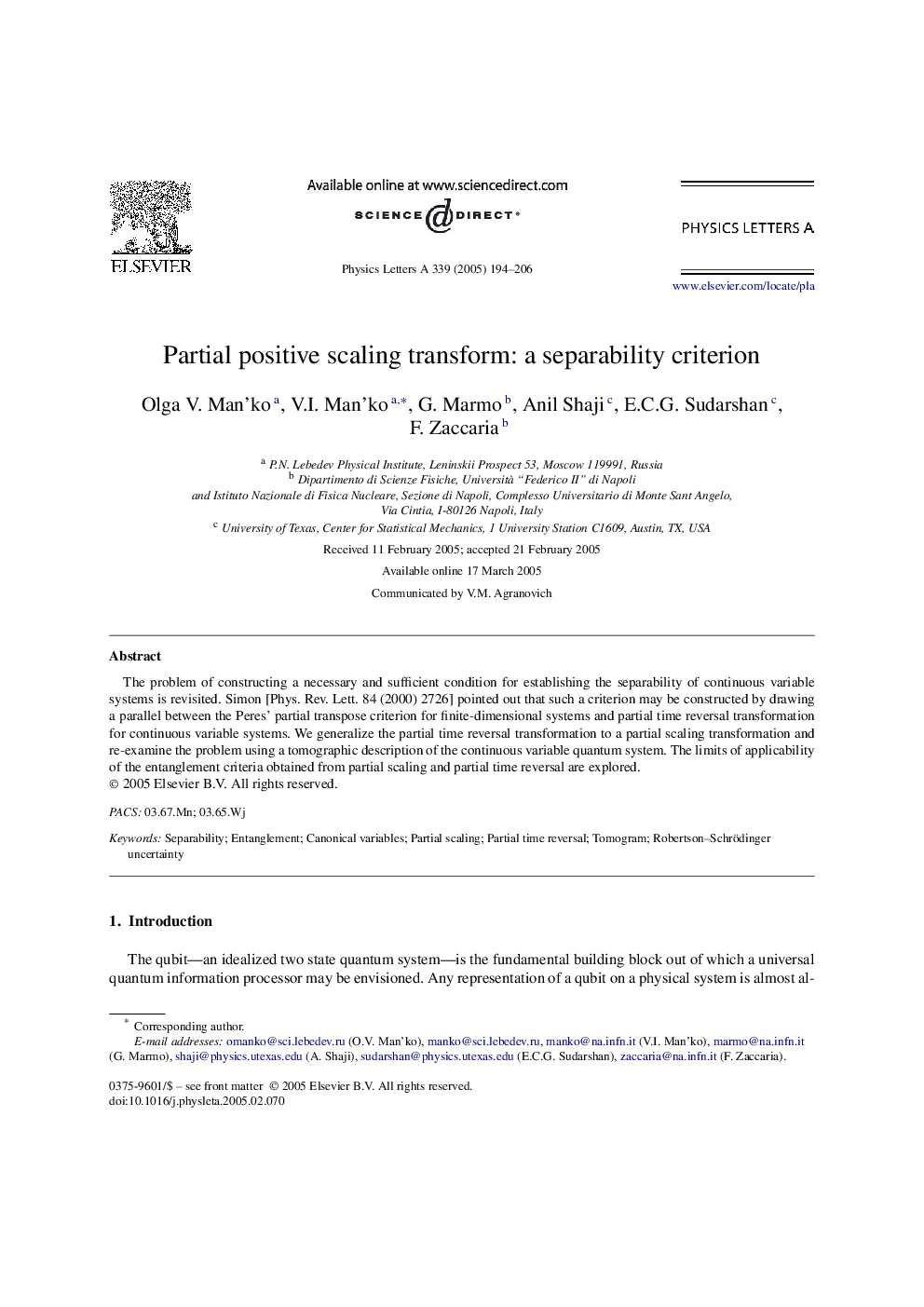 Partial positive scaling transform: a separability criterion