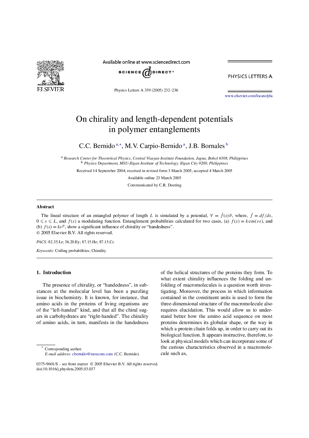 On chirality and length-dependent potentials in polymer entanglements