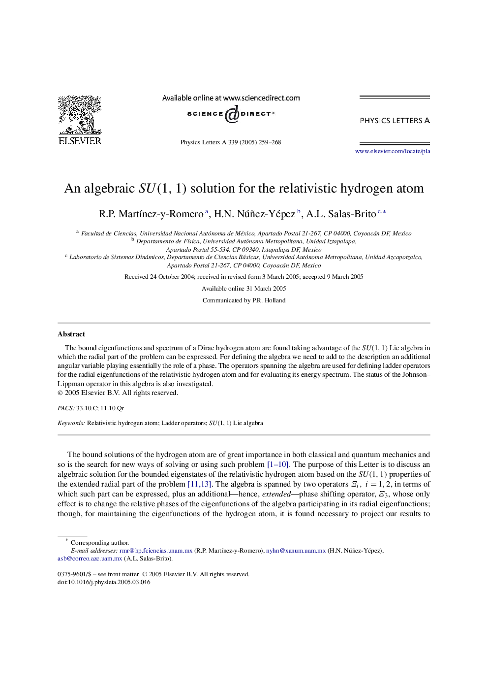 An algebraic SU(1,1) solution for the relativistic hydrogen atom