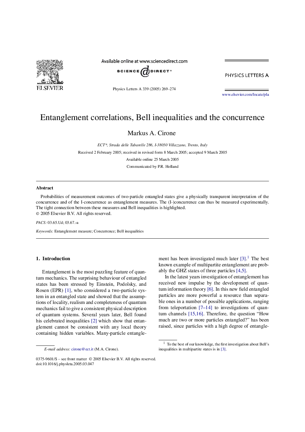 Entanglement correlations, Bell inequalities and the concurrence