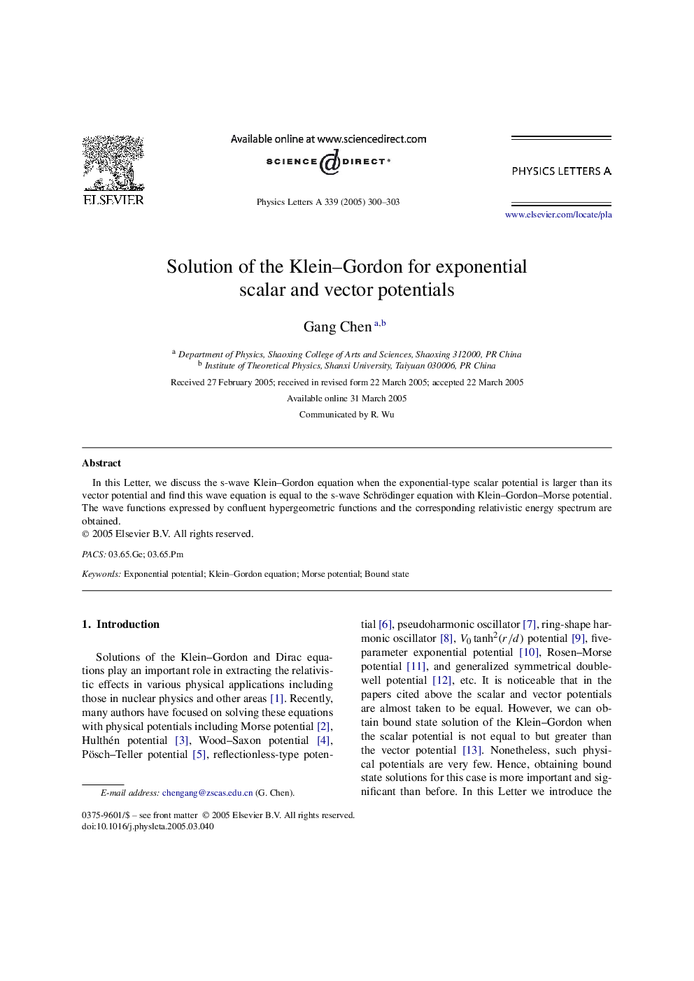 Solution of the Klein-Gordon for exponential scalar and vector potentials