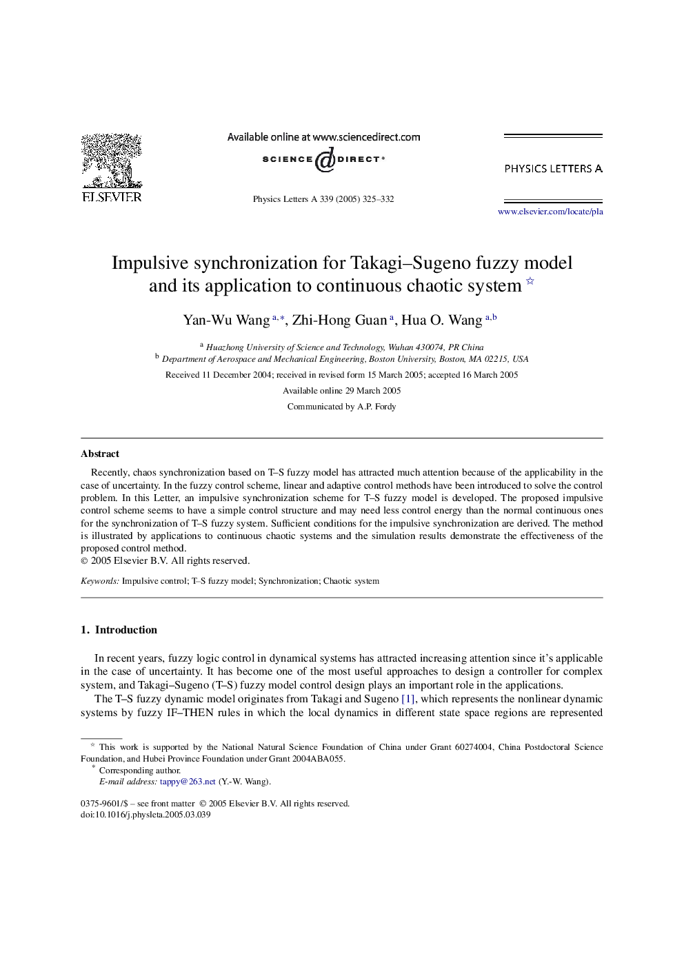 Impulsive synchronization for Takagi-Sugeno fuzzy model and its application to continuous chaotic system