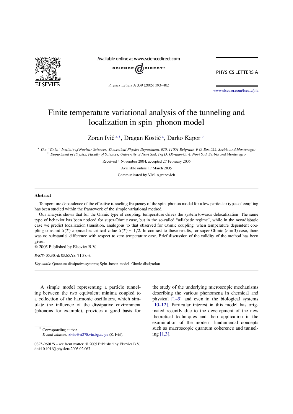 Finite temperature variational analysis of the tunneling and localization in spin-phonon model