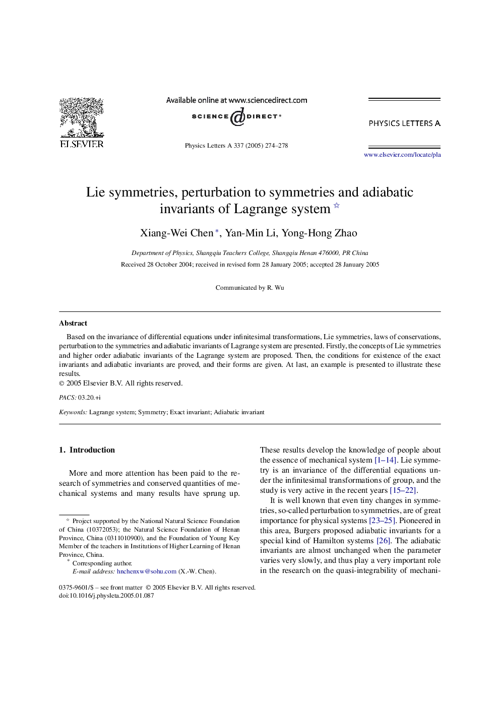 Lie symmetries, perturbation to symmetries and adiabatic invariants of Lagrange system