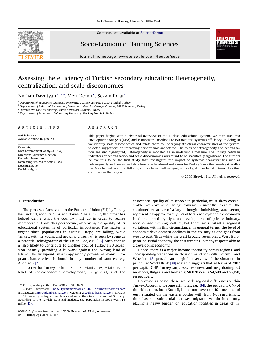 Assessing the efficiency of Turkish secondary education: Heterogeneity, centralization, and scale diseconomies