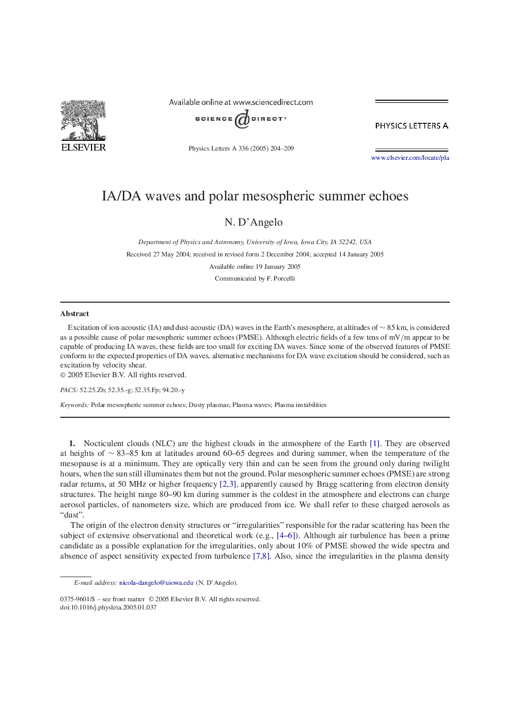 IA/DA waves and polar mesospheric summer echoes