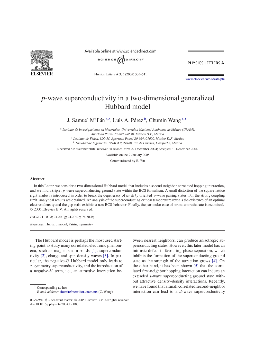 p-wave superconductivity in a two-dimensional generalized Hubbard model