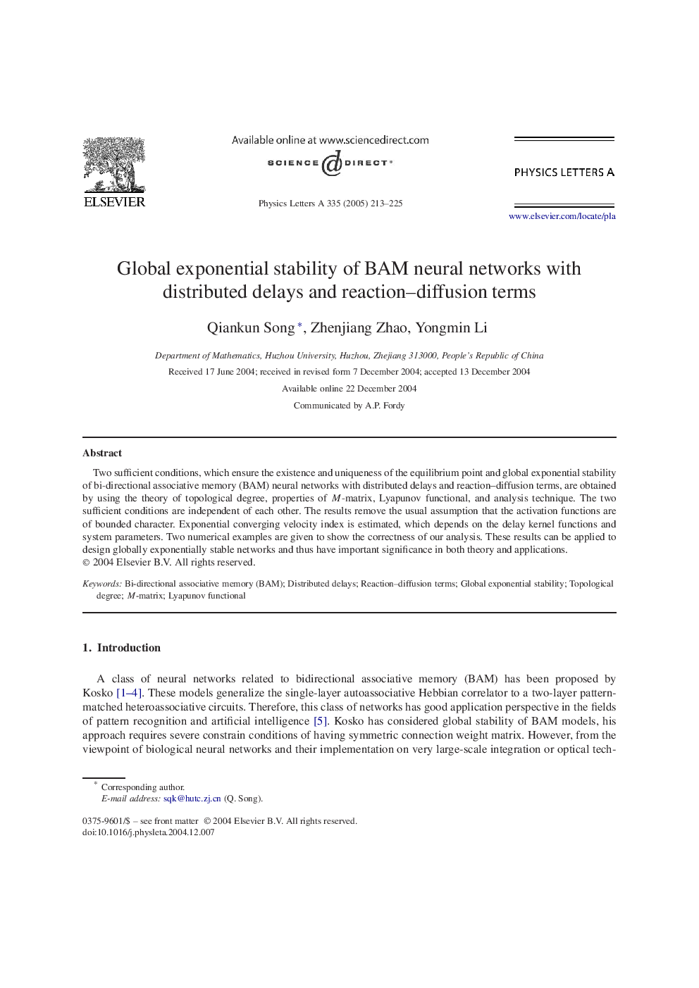 Global exponential stability of BAM neural networks with distributed delays and reaction-diffusion terms