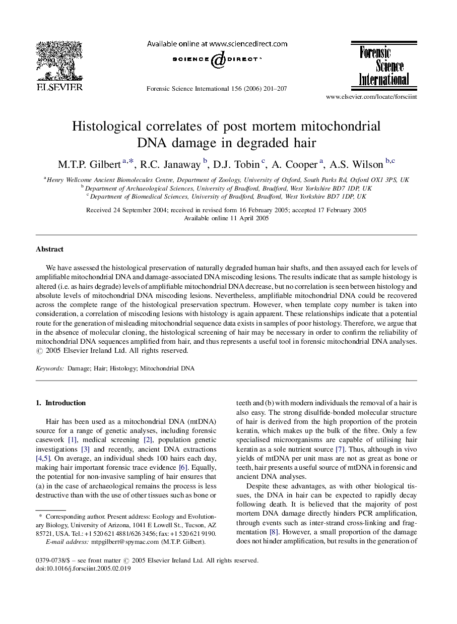 Histological correlates of post mortem mitochondrial DNA damage in degraded hair