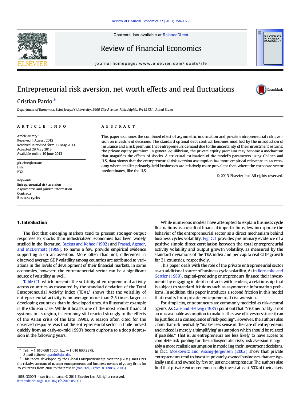 عکس صفحه اول مقاله: Entrepreneurial risk aversion, net worth effects and real fluctuations Entrepreneurial risk aversion, net worth effects and real fluctuations