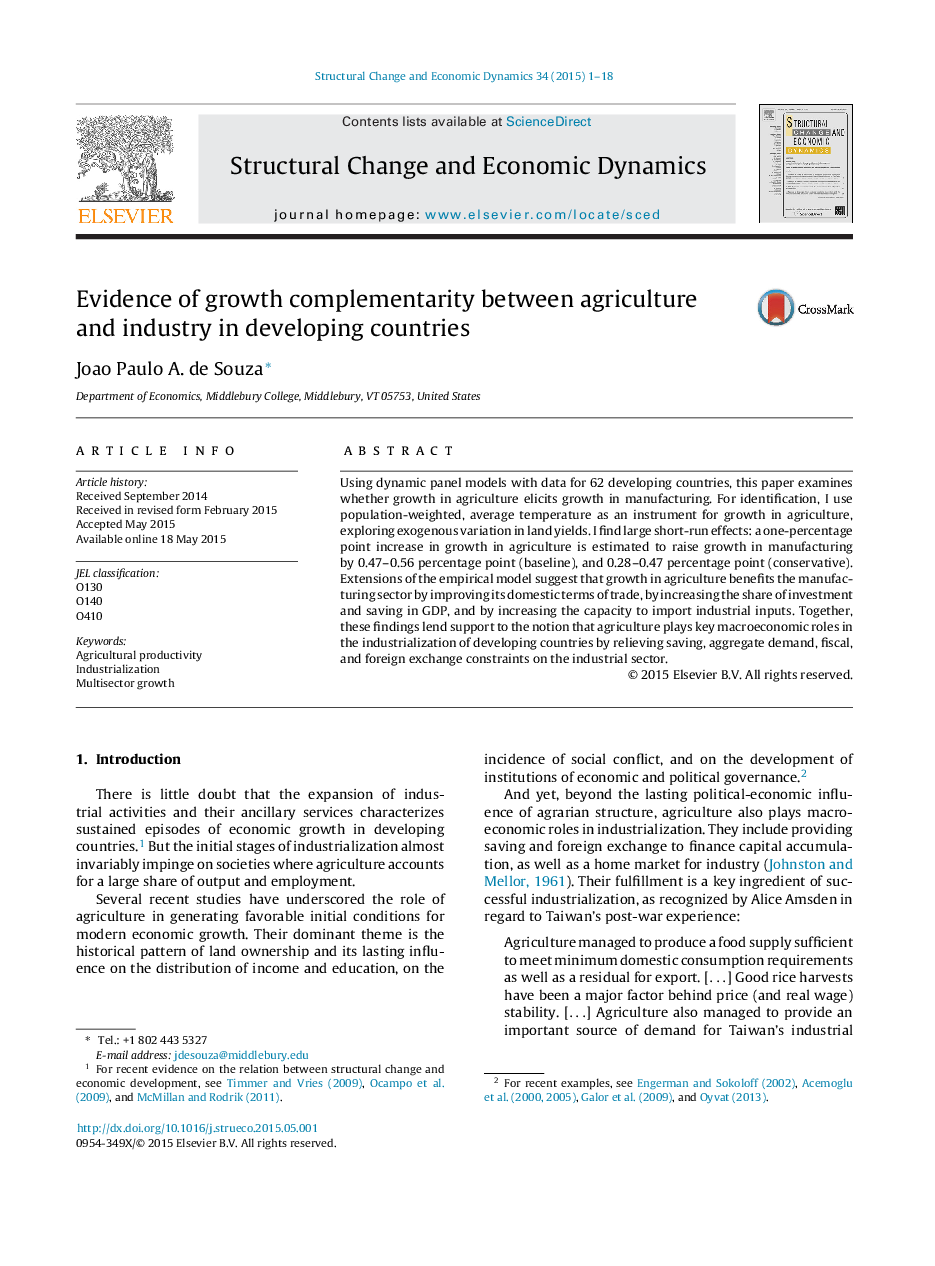 Evidence of growth complementarity between agriculture and industry in developing countries